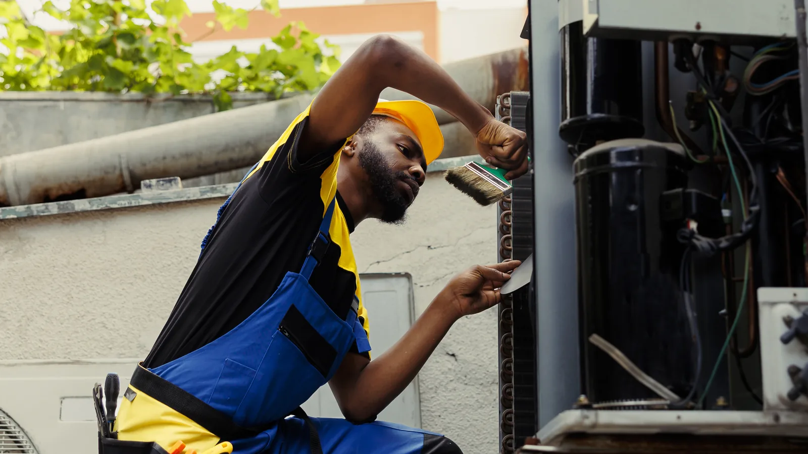 An HVAC technician checking refrigerant pressure at an outdoor condensing unit