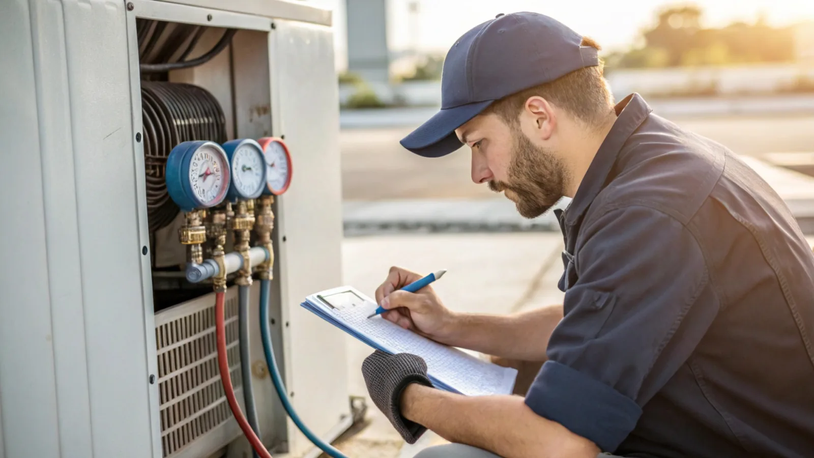 A technician carrying out a maintenance inspection on an air conditioning unit