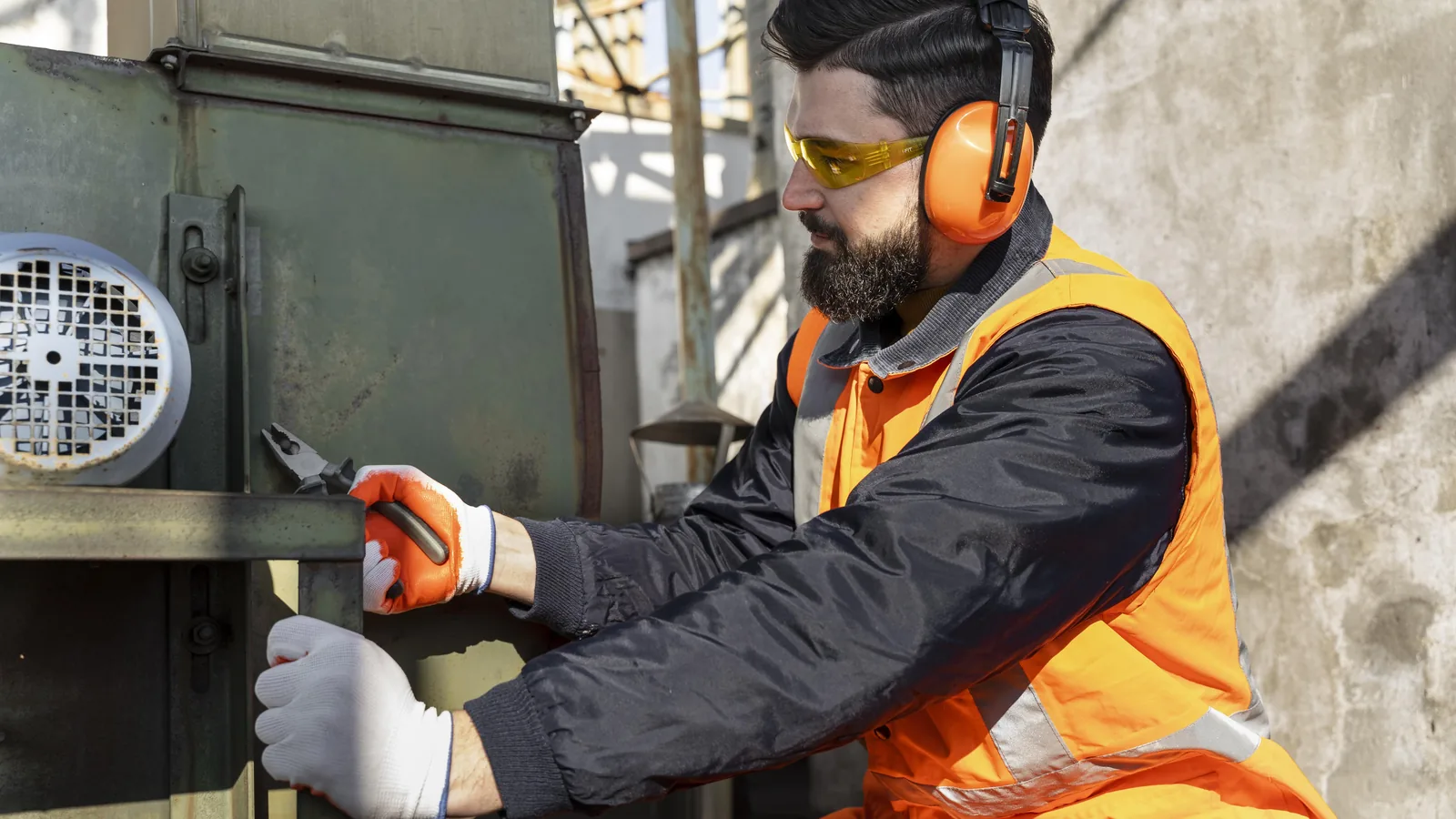 A tradesperson working on pipework with a hand tool