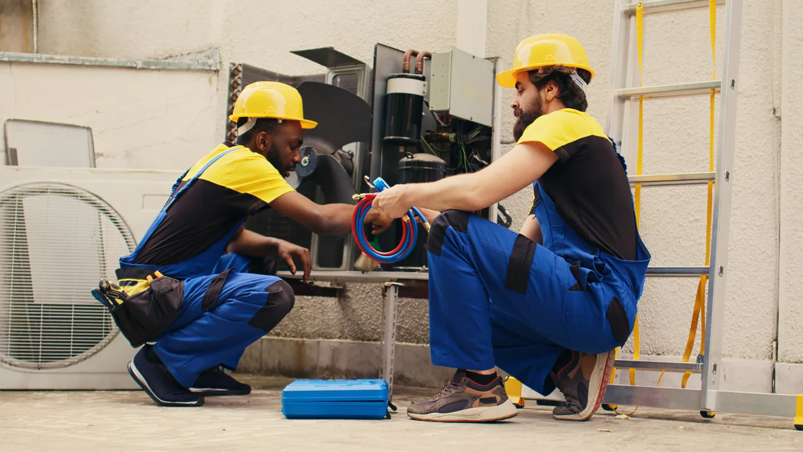 Two HVAC technicians working together on a rooftop air handling unit