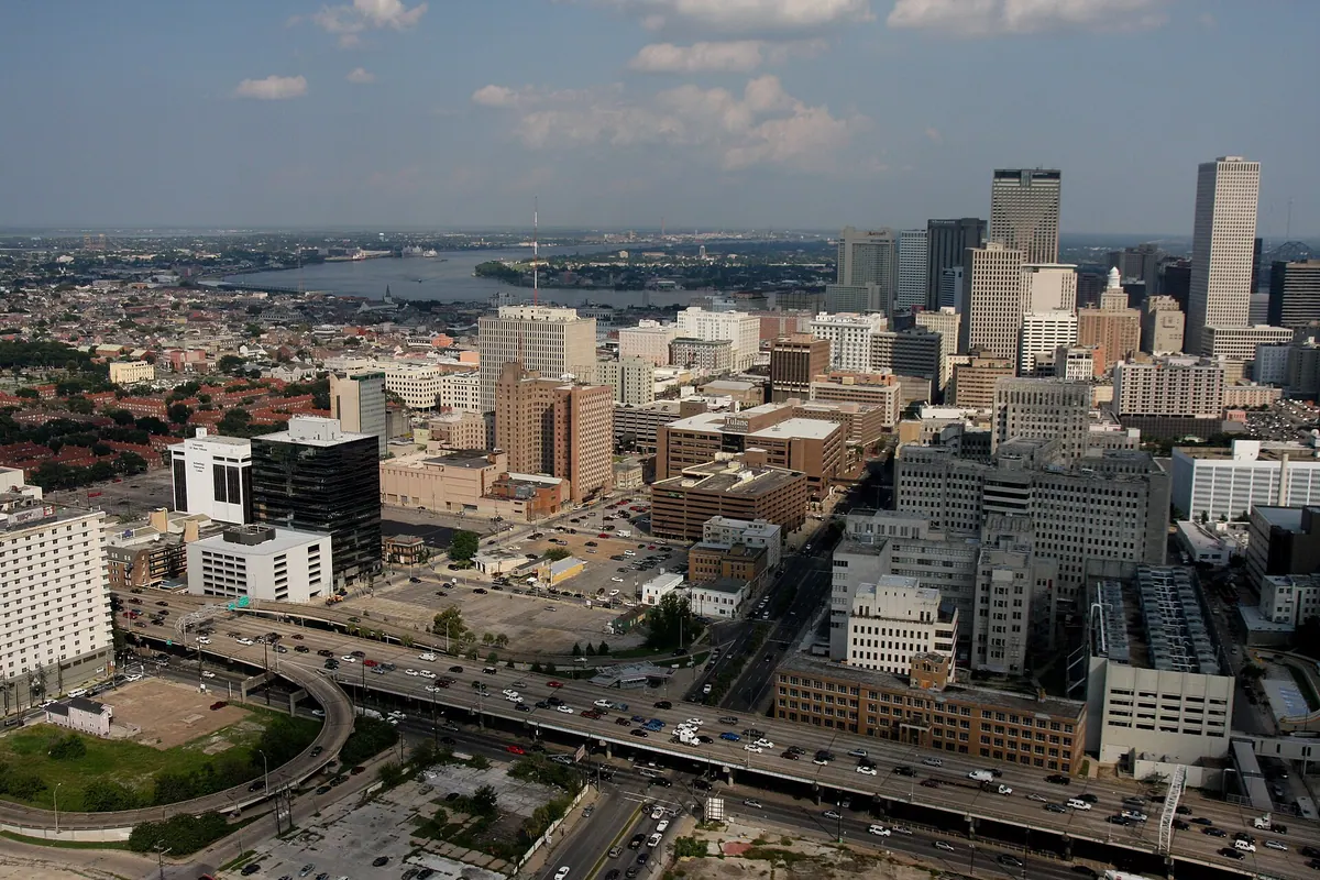 Aerial view of downtown New Orleans and Tulane University in Louisiana