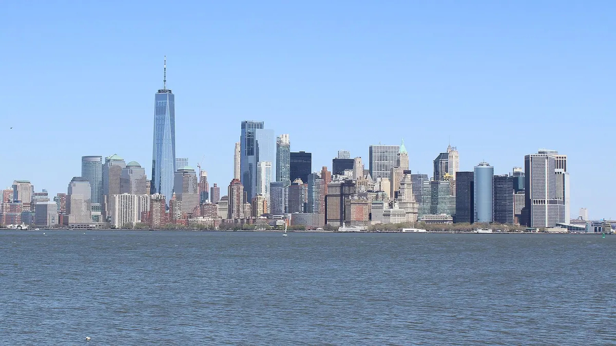 The Lower Manhattan skyline in New York City seen from New York Harbor